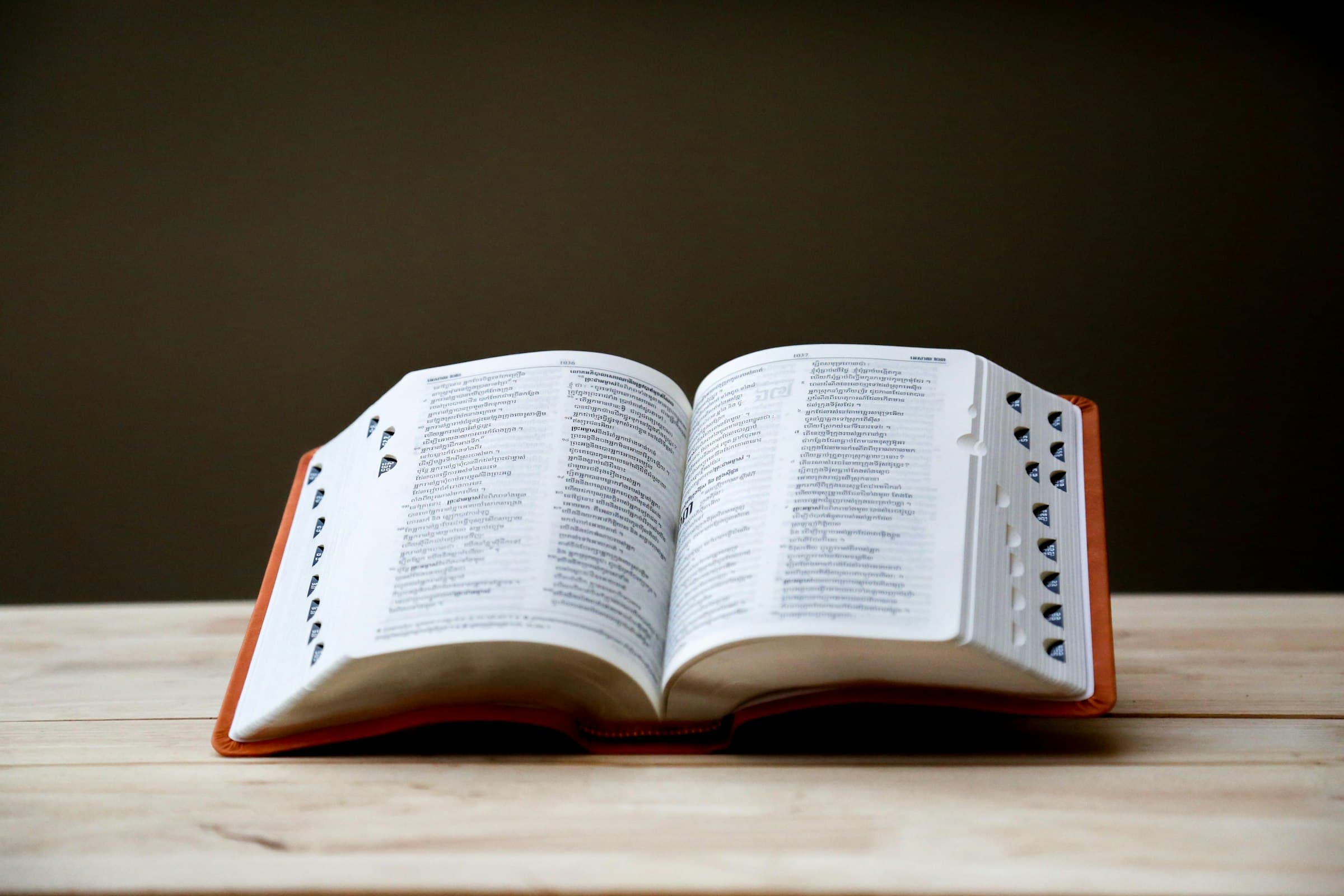 A thick dictionary with thumb-index tabs lies open on a pale wooden table against a dark wall.